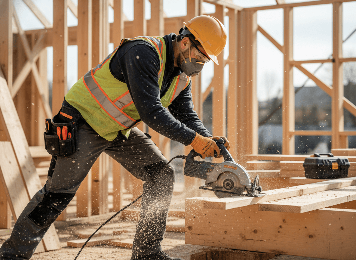 Skilled carpenter working on framing construction